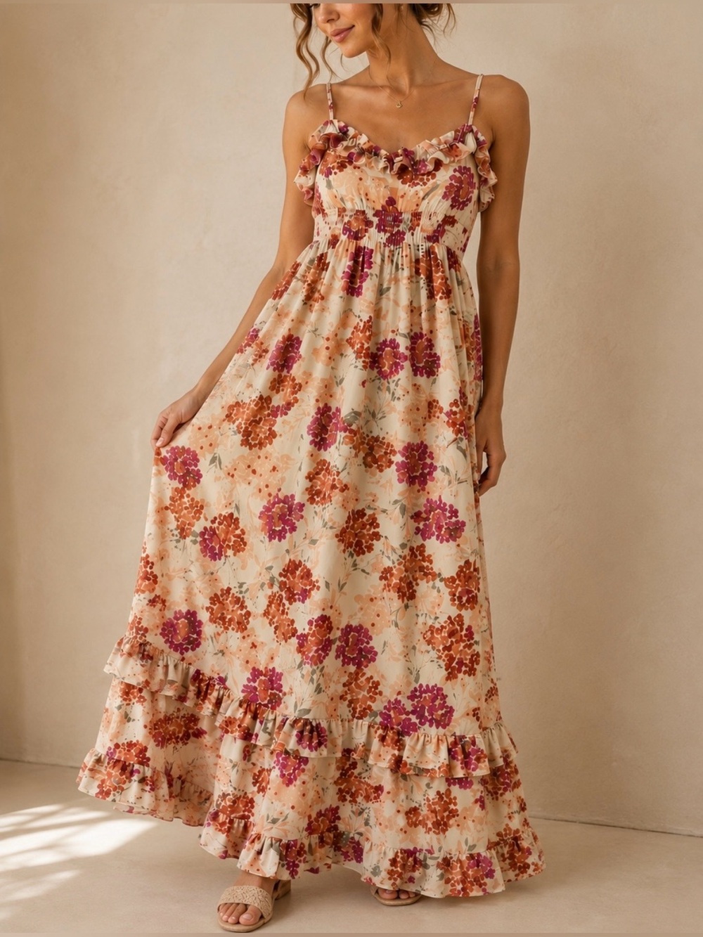 ELLE Floral Ruffle Tiered Maxi Dress Cottagecore Boho Romantic Size Small